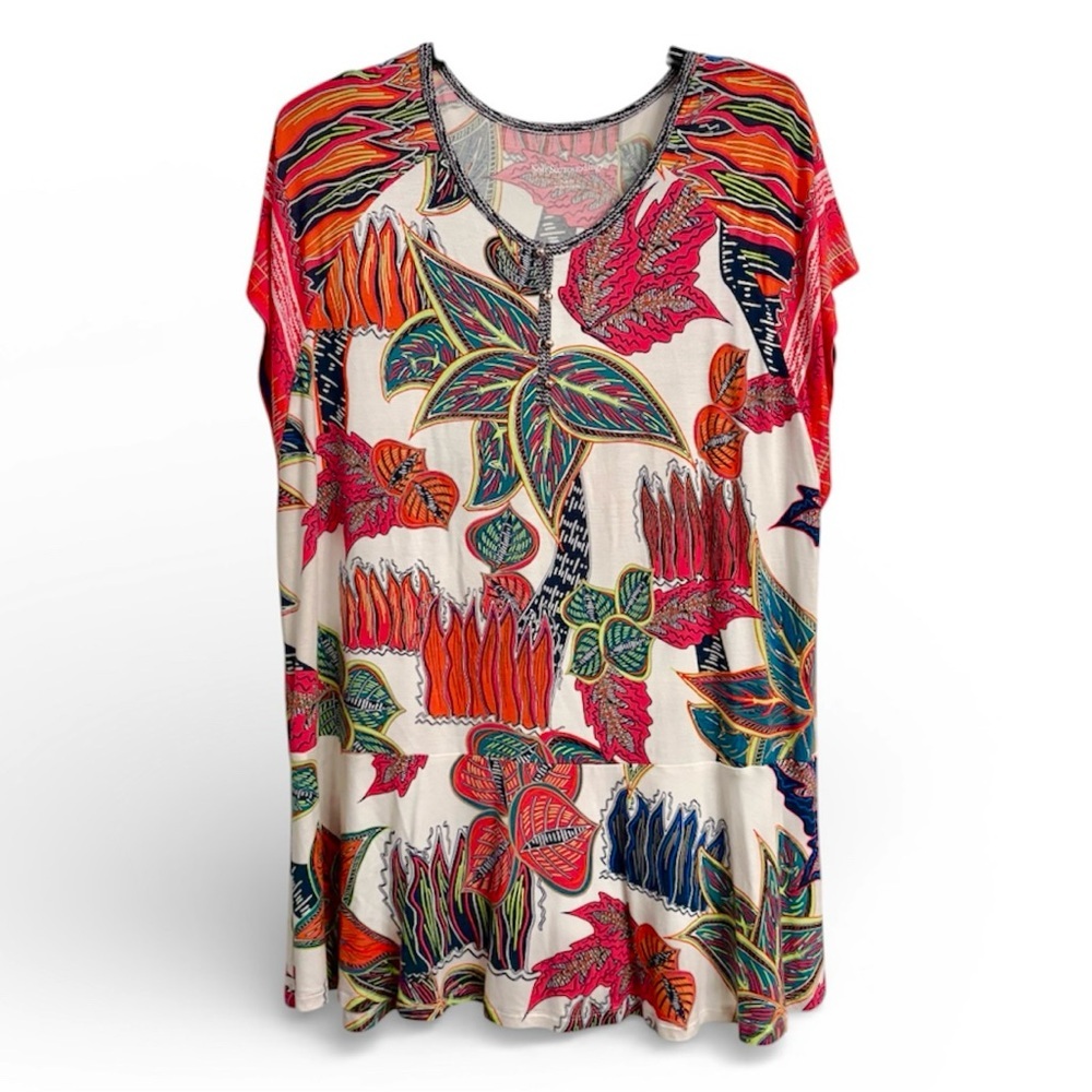 Soft Surroundings Tigerwood Tropical Print Tunic Top Henley Size XL - Picture 2 of 6